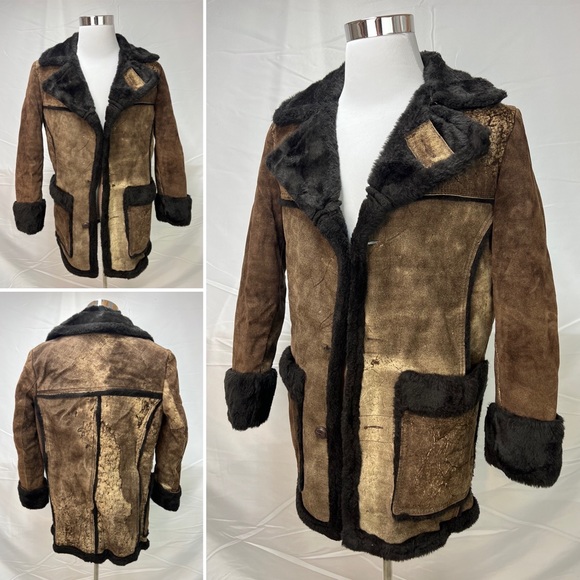 Vintage Bermans Brown Suede Sherpa Rancher Marlboro Man Winter Coat Jacket 40R - Picture 1 of 7
